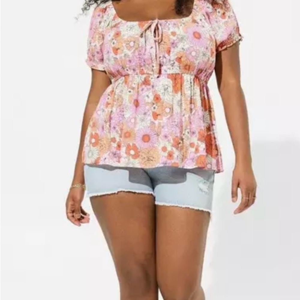 Torrid Floral Babydoll Crinkle Gauze Tie Front Top Women’s 3XL